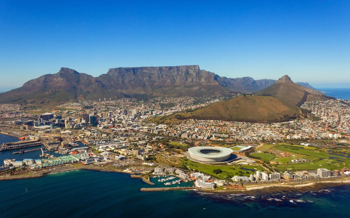 Cape Town and Table Mountain from the air, the city both dive areas are booked from